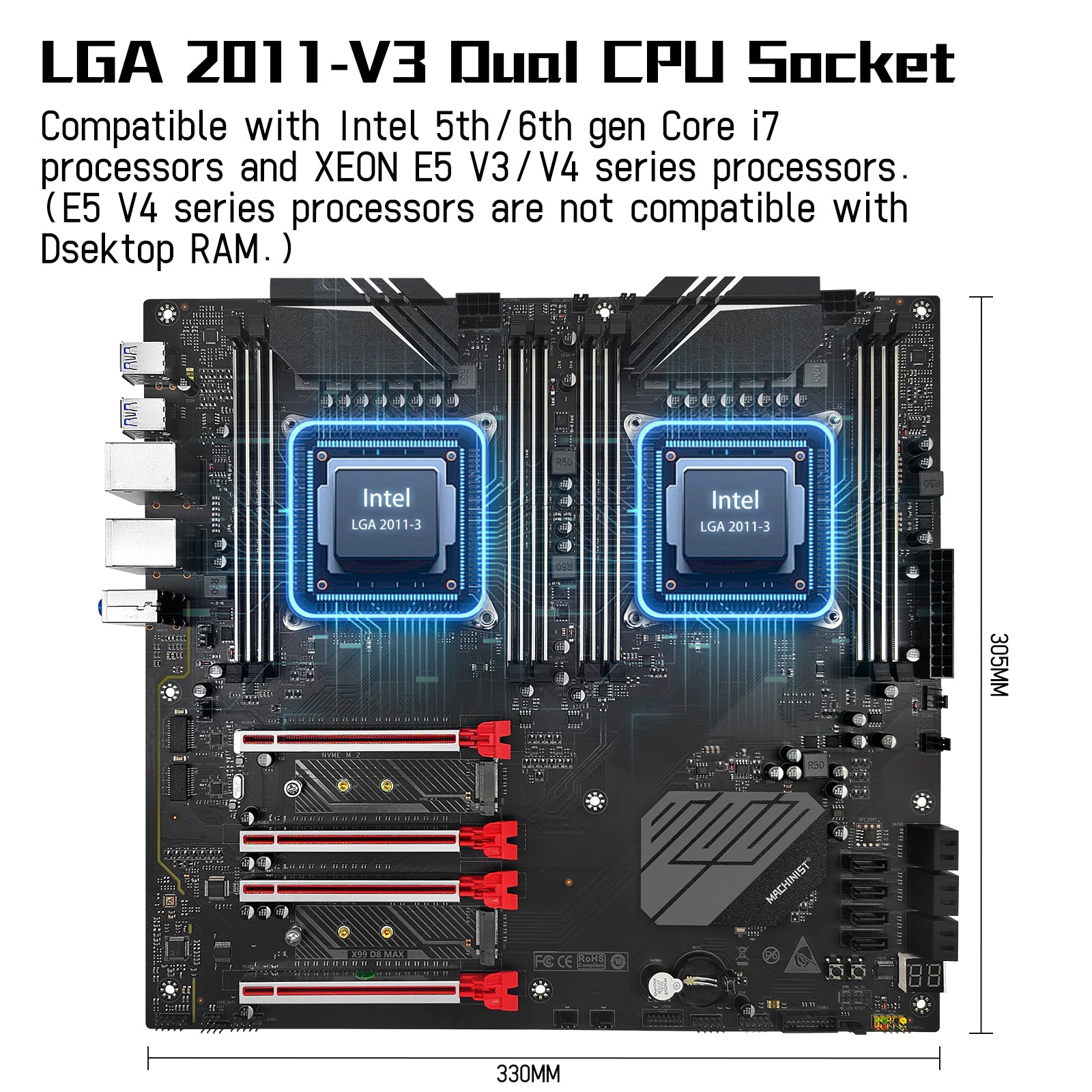 MACHINIST X99 D8 MAX Dual CPU Motherboard for Intel LGA 2011-3 XEON E5 V3/V4 E-ATX